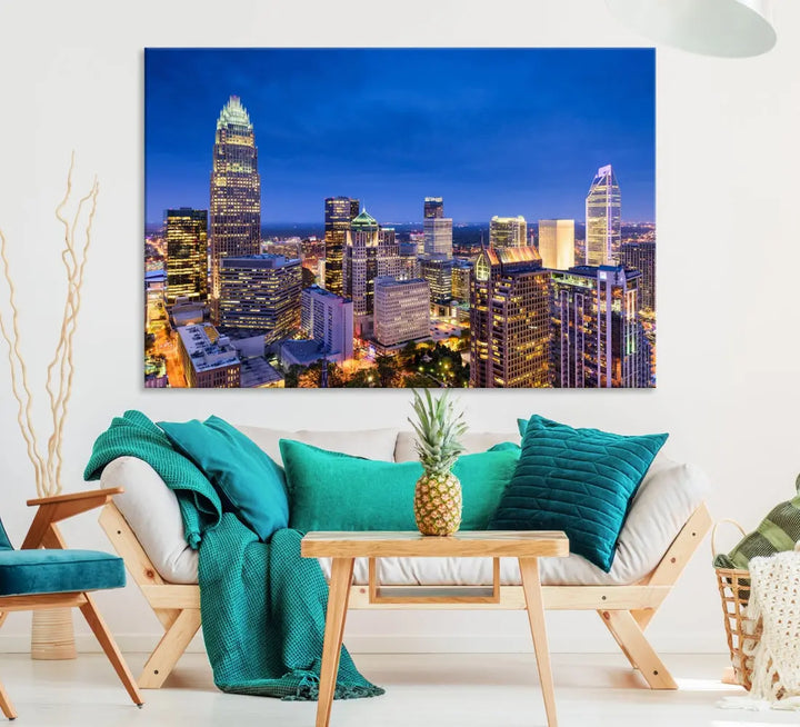 Charlotte Aerial View Night Skyline City Lights Wall Art Canvas Print