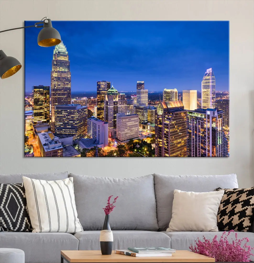 Charlotte Aerial View Night Skyline City Lights Wall Art Canvas Print