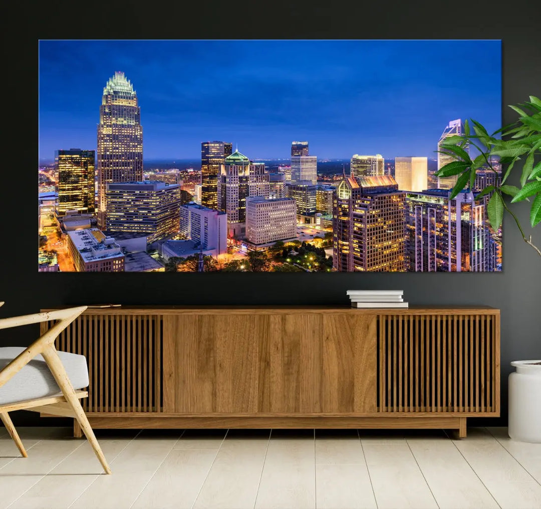 Charlotte Aerial View Night Skyline City Lights Wall Art Canvas Print