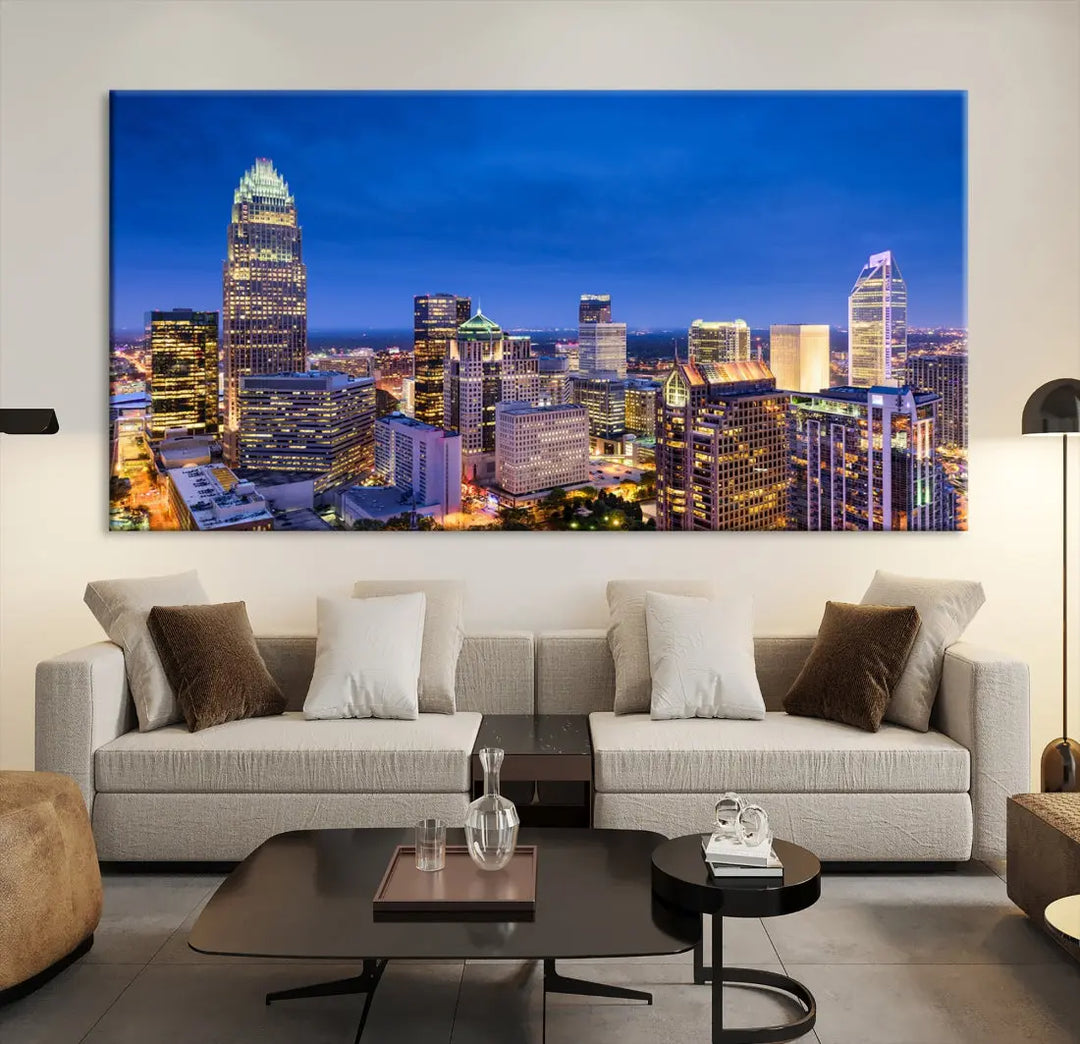 Charlotte Aerial View Night Skyline City Lights Wall Art Canvas Print