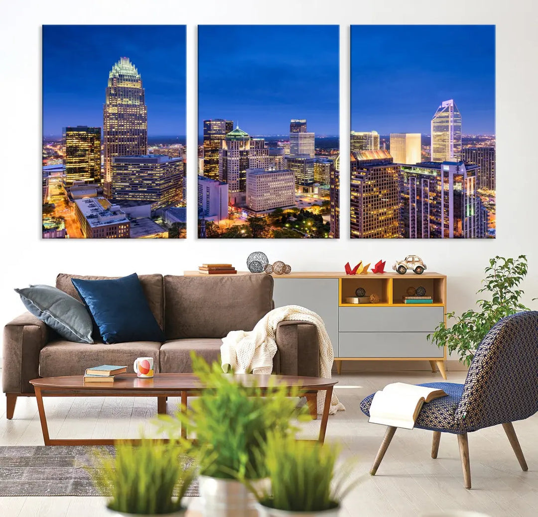 Charlotte Aerial View Night Skyline City Lights Wall Art Canvas Print