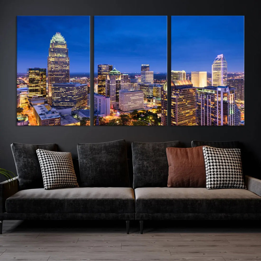 Charlotte Aerial View Night Skyline City Lights Wall Art Canvas Print