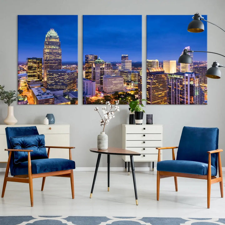 Charlotte Aerial View Night Skyline City Lights Wall Art Canvas Print