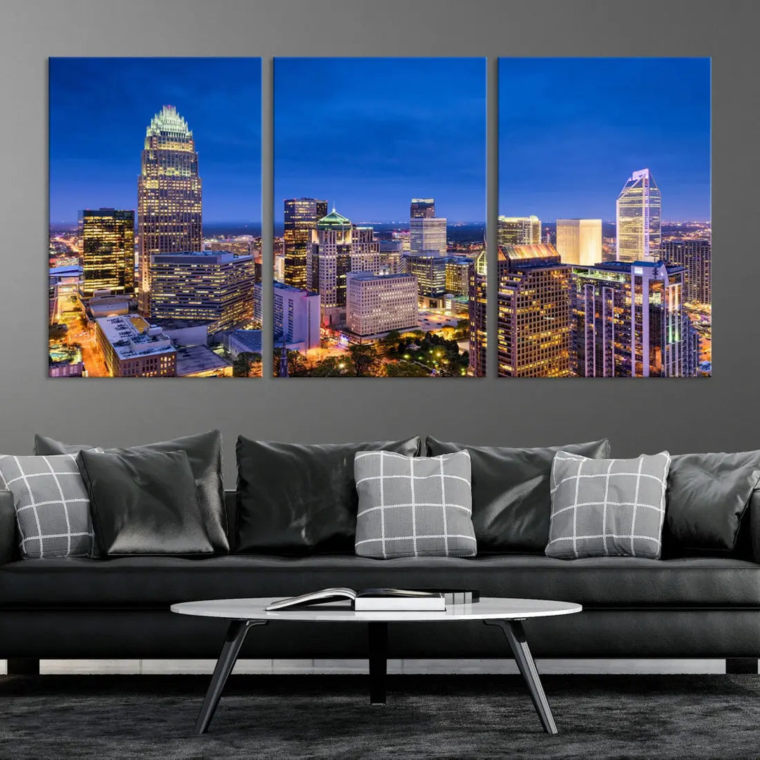 Charlotte Aerial View Night Skyline City Lights Wall Art Canvas Print