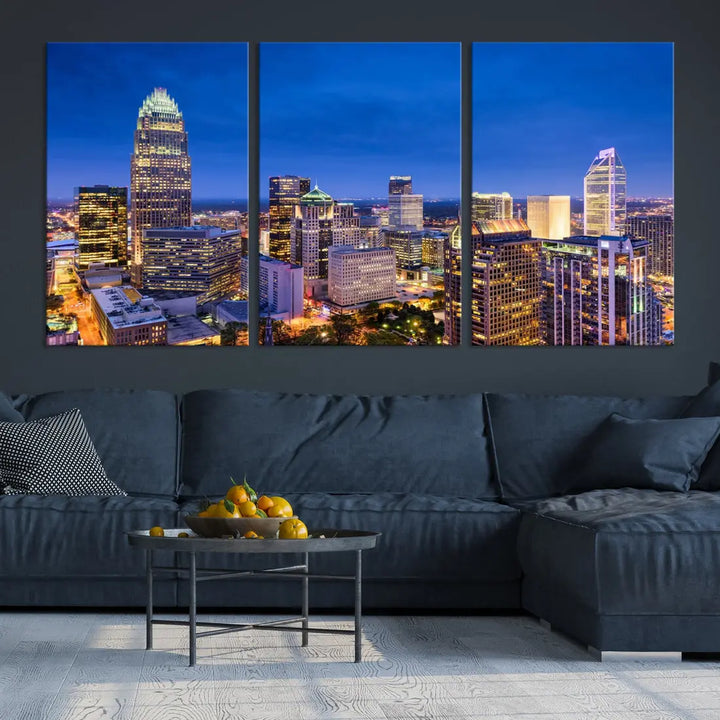 Charlotte Aerial View Night Skyline City Lights Wall Art Canvas Print