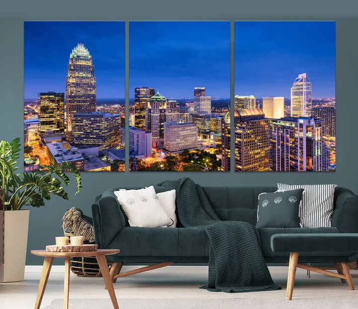 Charlotte Aerial View Night Skyline City Lights Wall Art Canvas Print