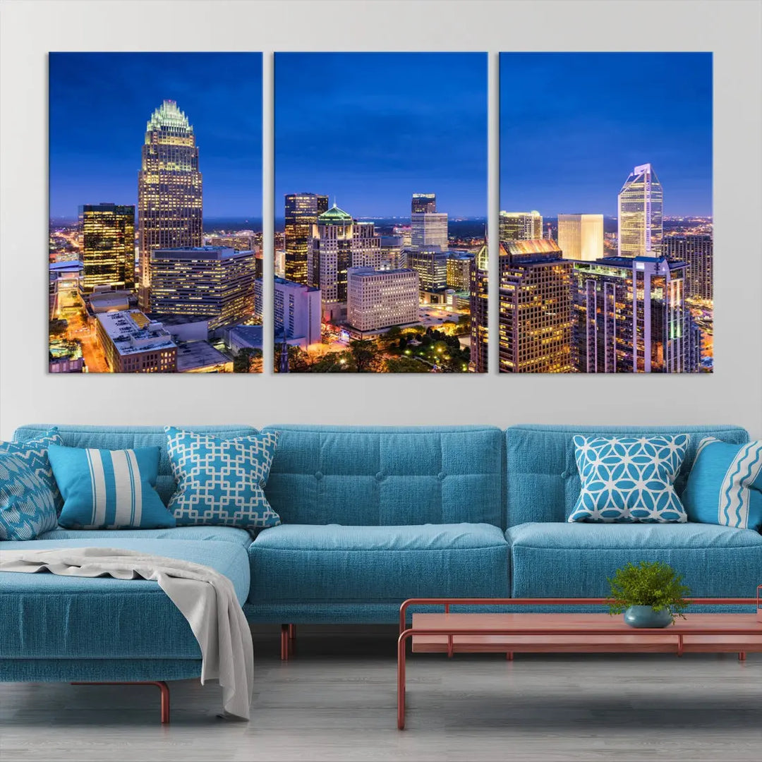 Charlotte Aerial View Night Skyline City Lights Wall Art Canvas Print