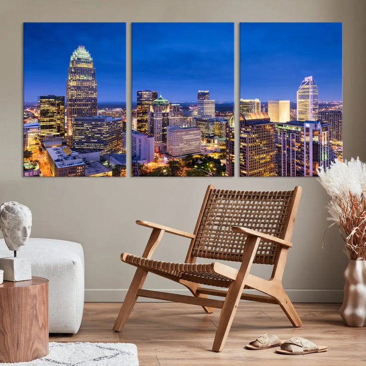 Charlotte Aerial View Night Skyline City Lights Wall Art Canvas Print