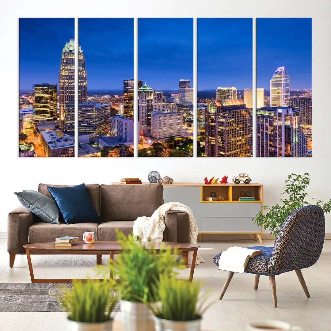 Charlotte Aerial View Night Skyline City Lights Wall Art Canvas Print