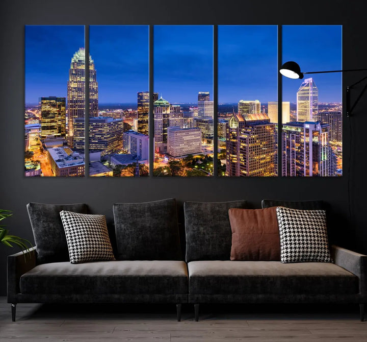 Charlotte Aerial View Night Skyline City Lights Wall Art Canvas Print