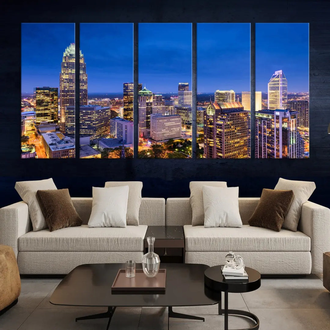 Charlotte Aerial View Night Skyline City Lights Wall Art Canvas Print