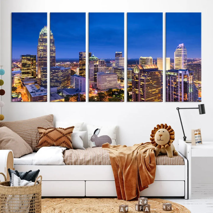 Charlotte Aerial View Night Skyline City Lights Wall Art Canvas Print