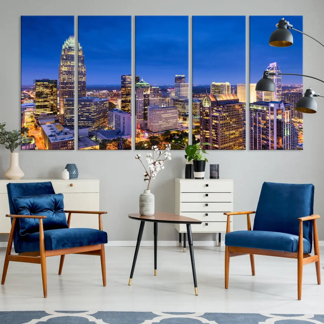 Charlotte Aerial View Night Skyline City Lights Wall Art Canvas Print