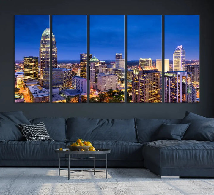 Charlotte Aerial View Night Skyline City Lights Wall Art Canvas Print