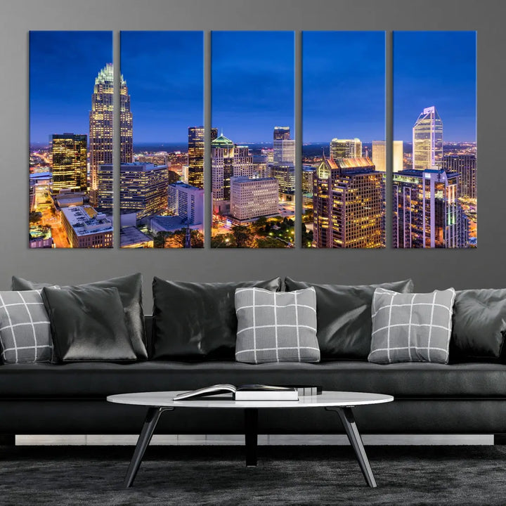 Charlotte Aerial View Night Skyline City Lights Wall Art Canvas Print