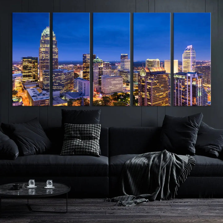 Charlotte Aerial View Night Skyline City Lights Wall Art Canvas Print