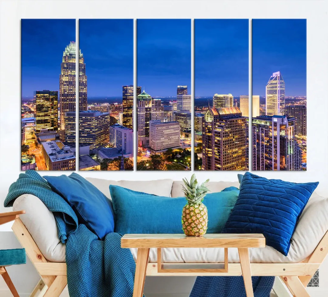 Charlotte Aerial View Night Skyline City Lights Wall Art Canvas Print