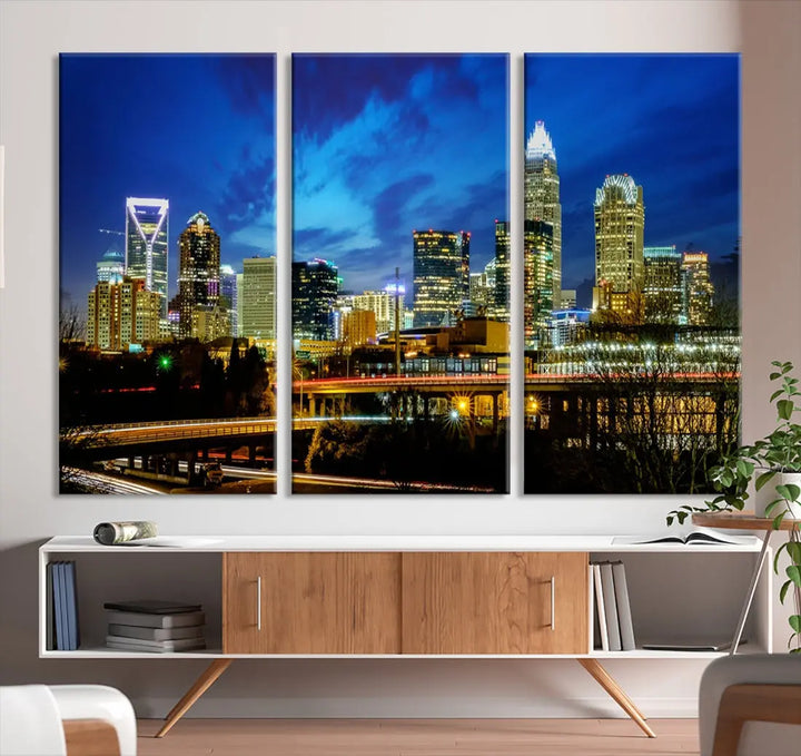 Charlotte City Lights Night Skyline Cityscape Wall Art Canvas Print