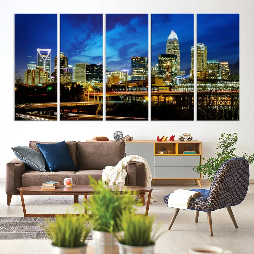 Charlotte City Lights Night Skyline Cityscape Wall Art Canvas Print