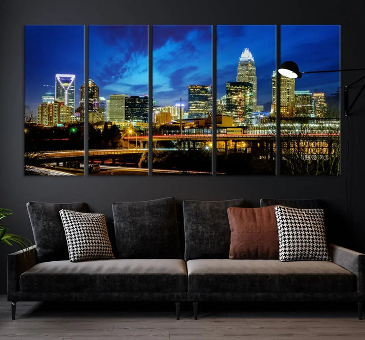 Charlotte City Lights Night Skyline Cityscape Wall Art Canvas Print