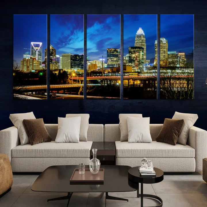 Charlotte City Lights Night Skyline Cityscape Wall Art Canvas Print