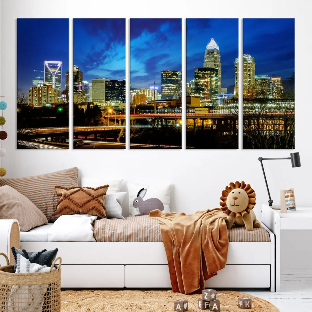 Charlotte City Lights Night Skyline Cityscape Wall Art Canvas Print