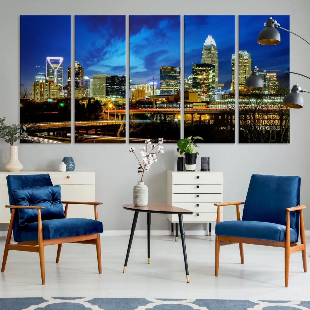 Charlotte City Lights Night Skyline Cityscape Wall Art Canvas Print