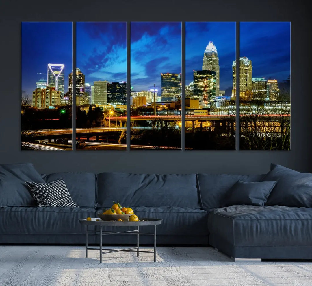 Charlotte City Lights Night Skyline Cityscape Wall Art Canvas Print