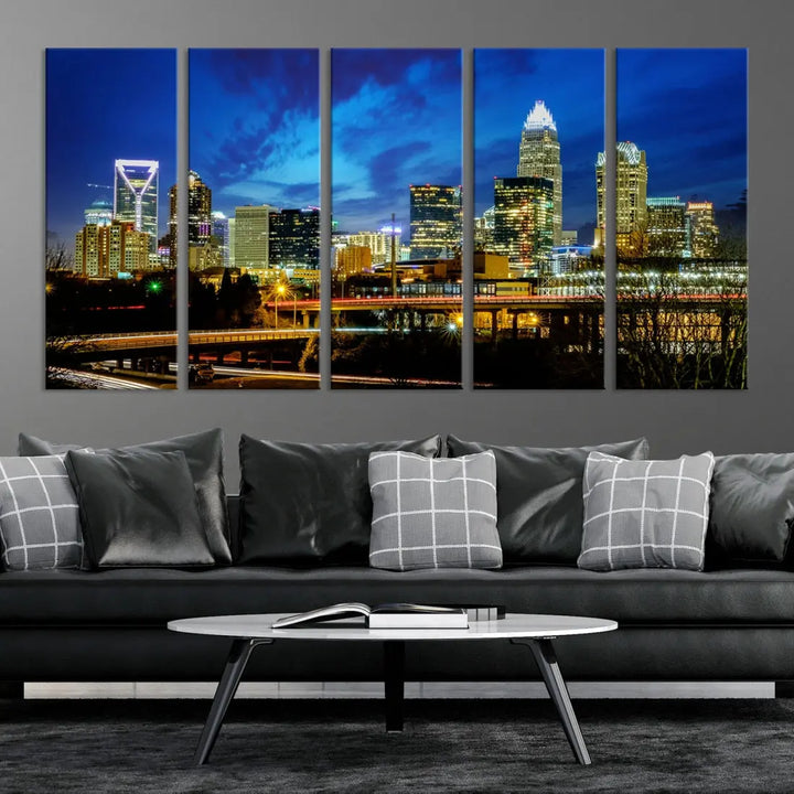 Charlotte City Lights Night Skyline Cityscape Wall Art Canvas Print