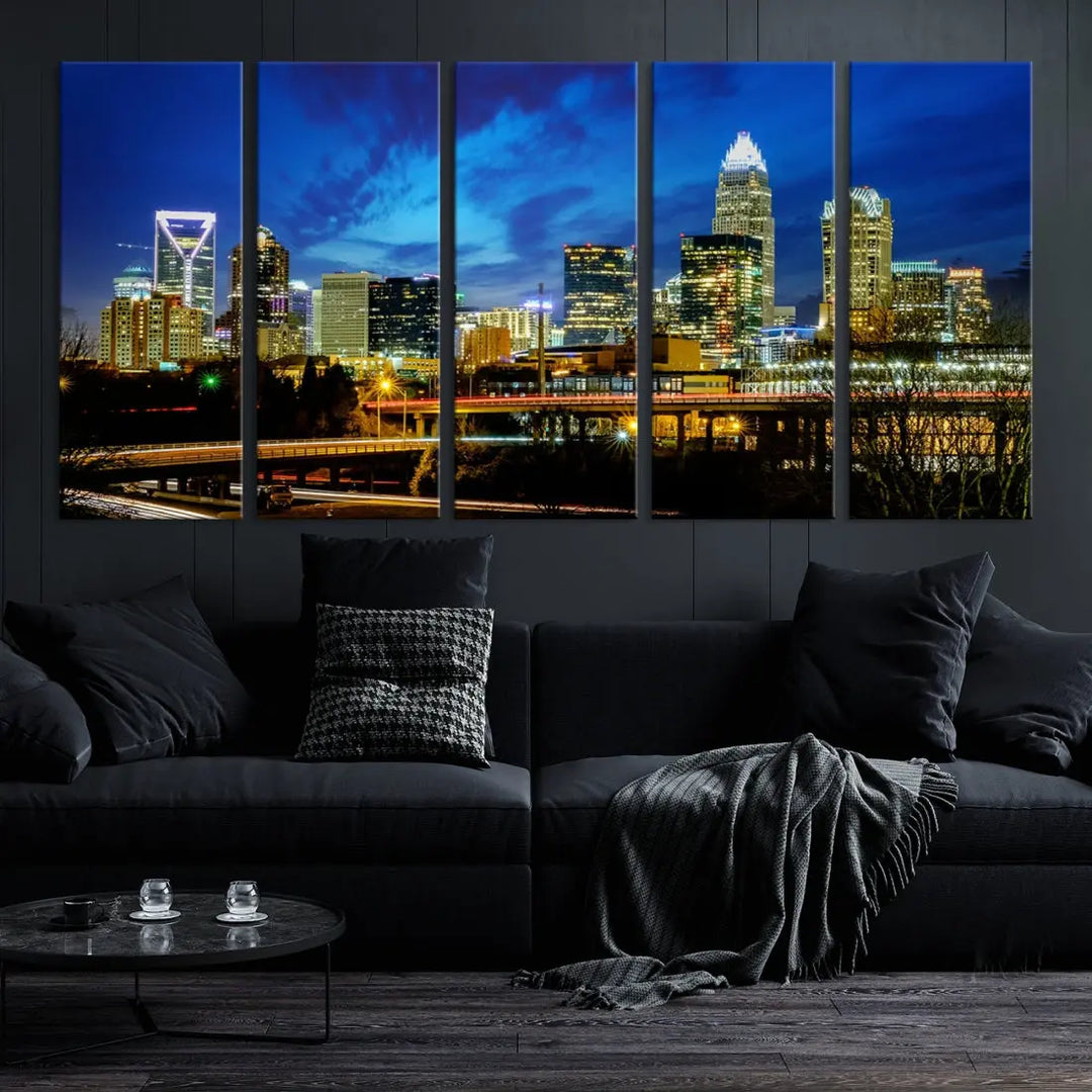 Charlotte City Lights Night Skyline Cityscape Wall Art Canvas Print