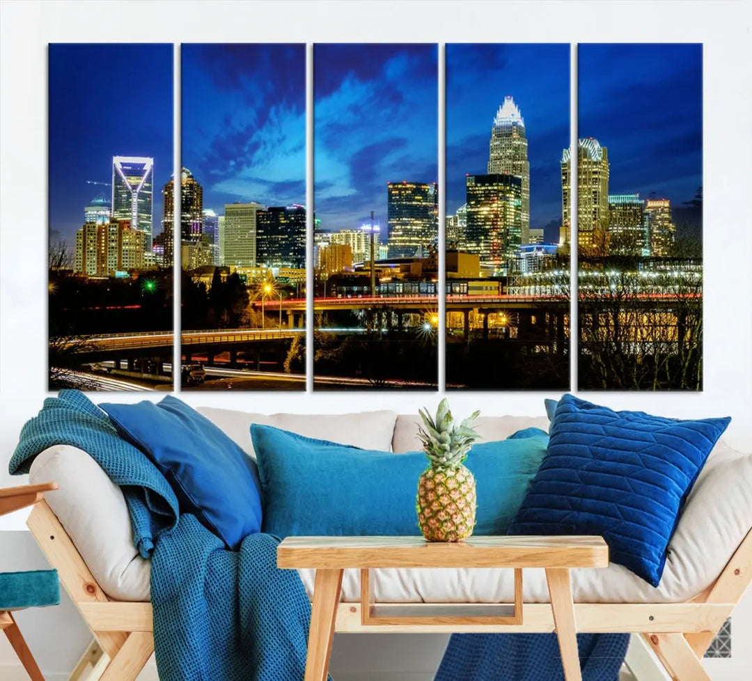 Charlotte City Lights Night Skyline Cityscape Wall Art Canvas Print