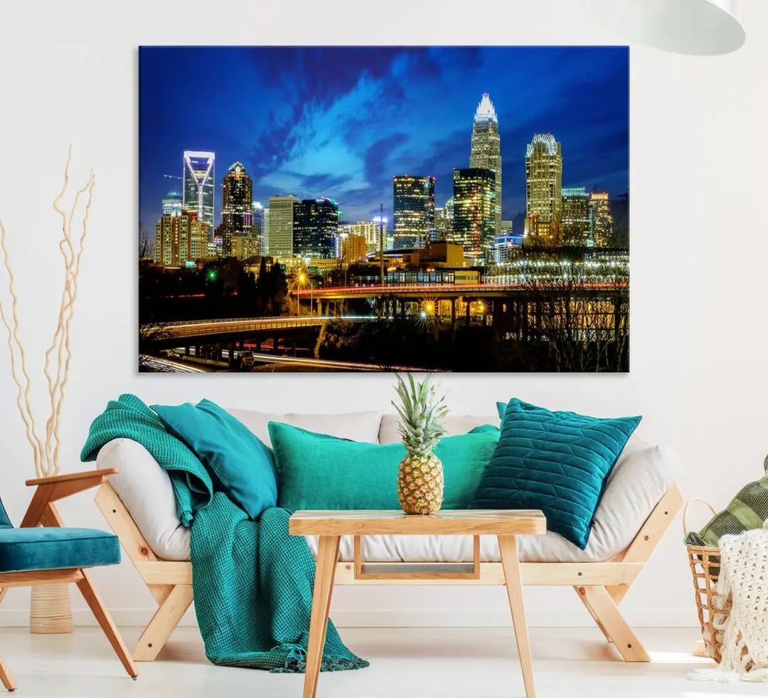 Charlotte City Lights Night Skyline Cityscape Wall Art Canvas Print