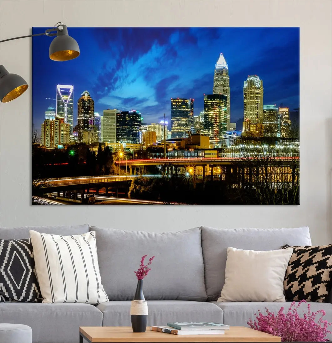 Charlotte City Lights Night Skyline Cityscape Wall Art Canvas Print