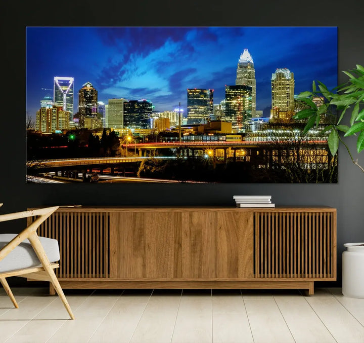 Charlotte City Lights Night Skyline Cityscape Wall Art Canvas Print