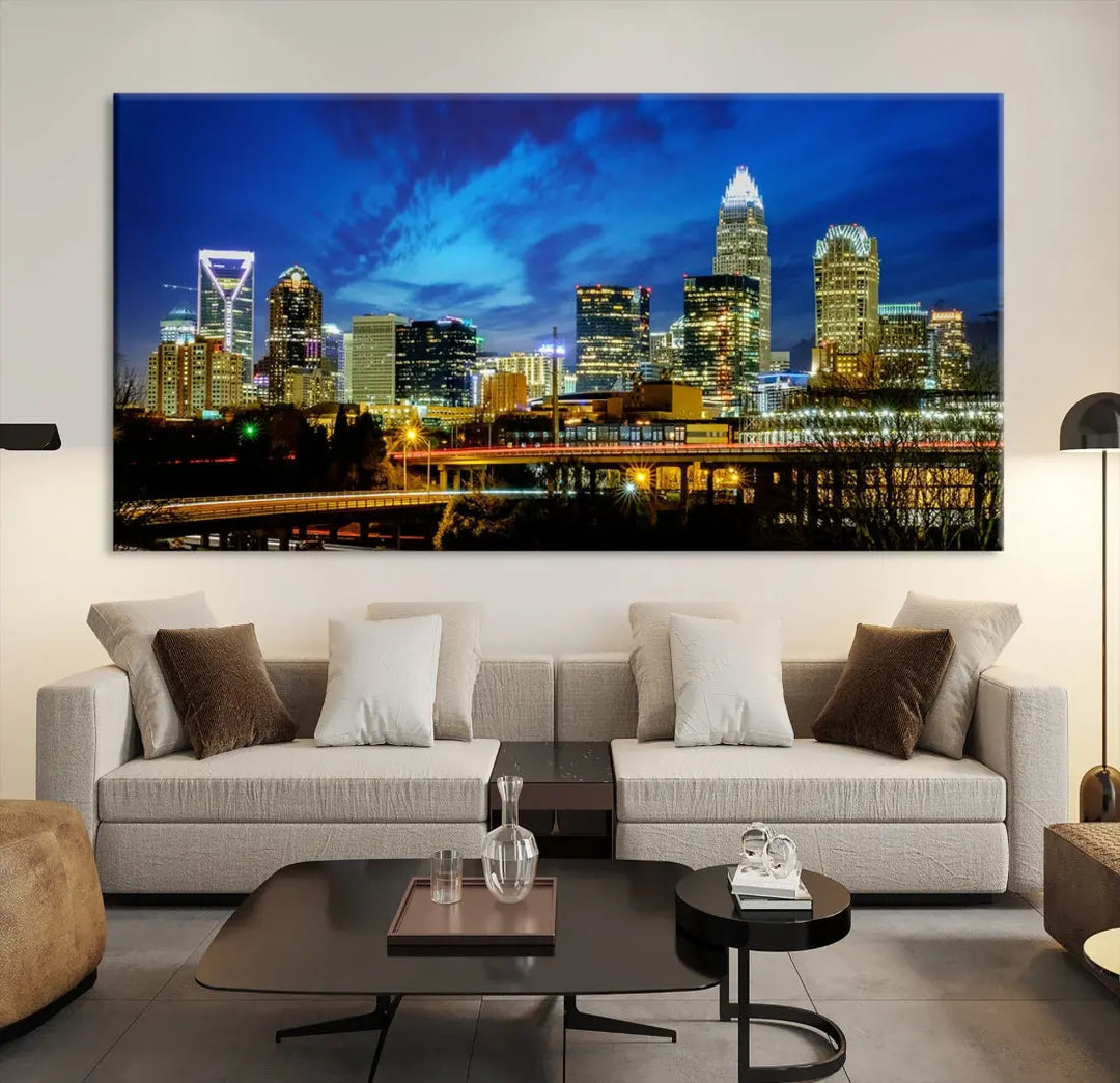 Charlotte City Lights Night Skyline Cityscape Wall Art Canvas Print