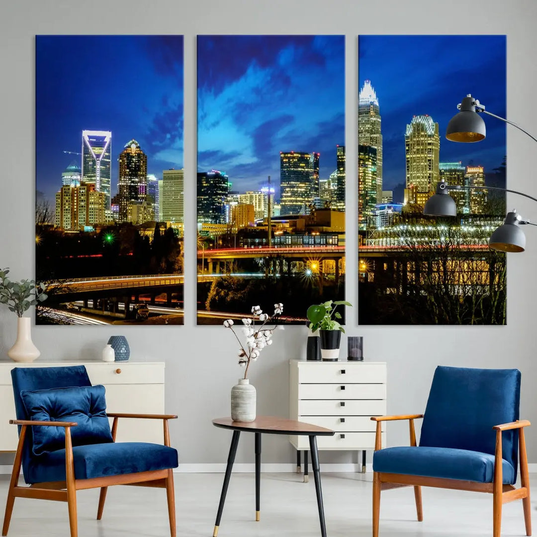 Charlotte City Lights Night Skyline Cityscape Wall Art Canvas Print