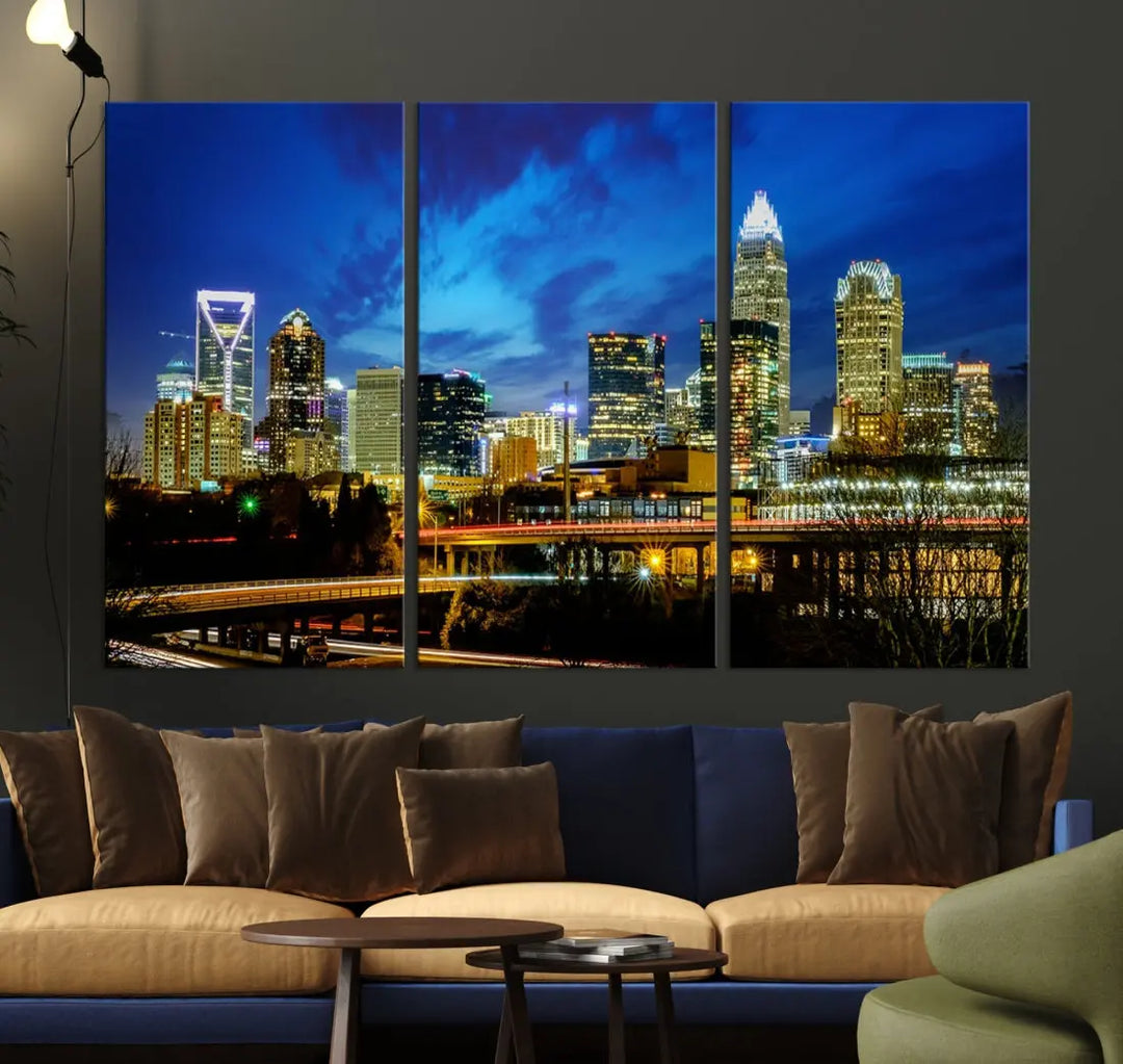 Charlotte City Lights Night Skyline Cityscape Wall Art Canvas Print