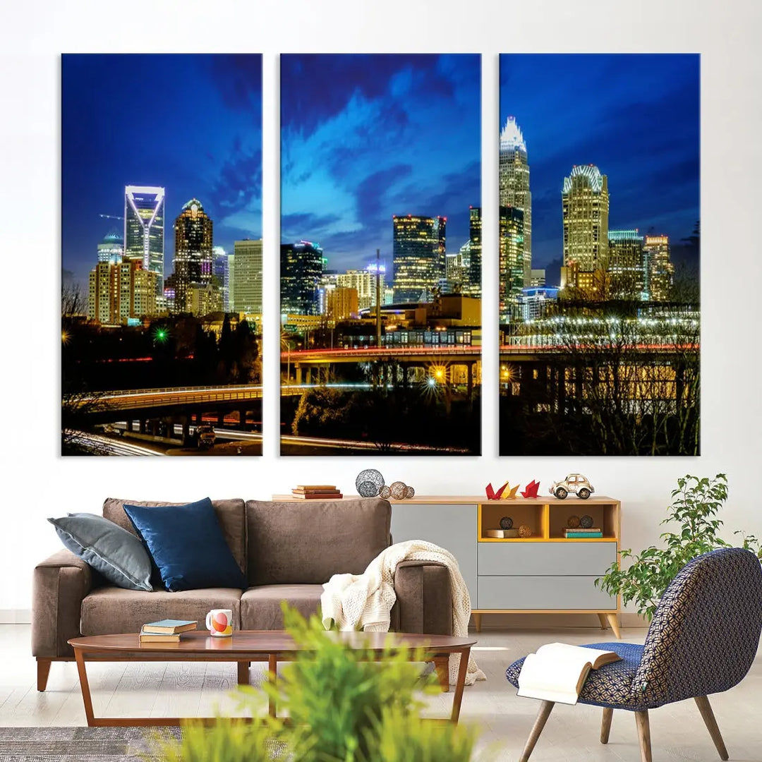 Charlotte City Lights Night Skyline Cityscape Wall Art Canvas Print