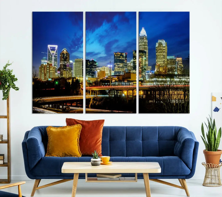 Charlotte City Lights Night Skyline Cityscape Wall Art Canvas Print