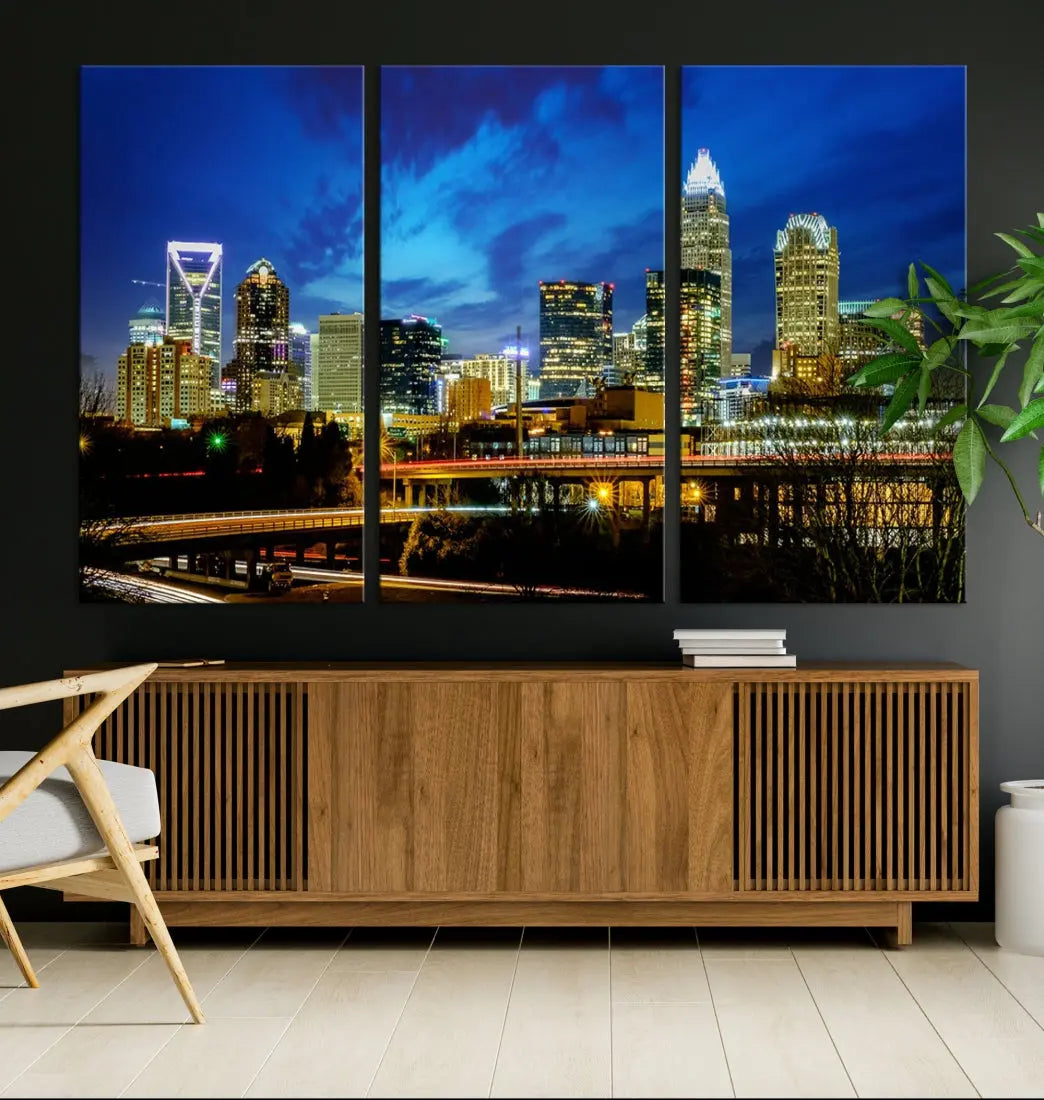 Charlotte City Lights Night Skyline Cityscape Wall Art Canvas Print