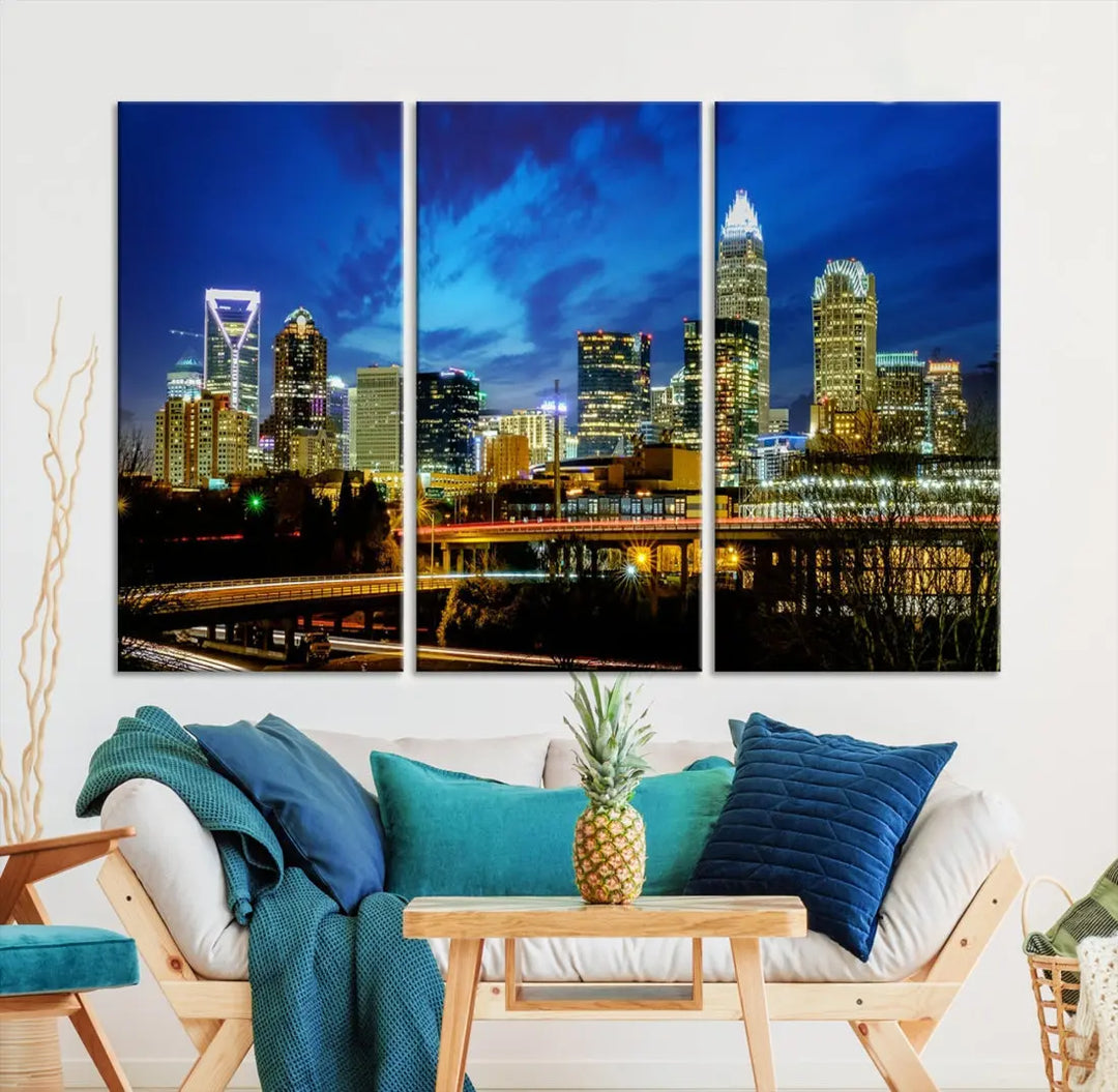 Charlotte City Lights Night Skyline Cityscape Wall Art Canvas Print