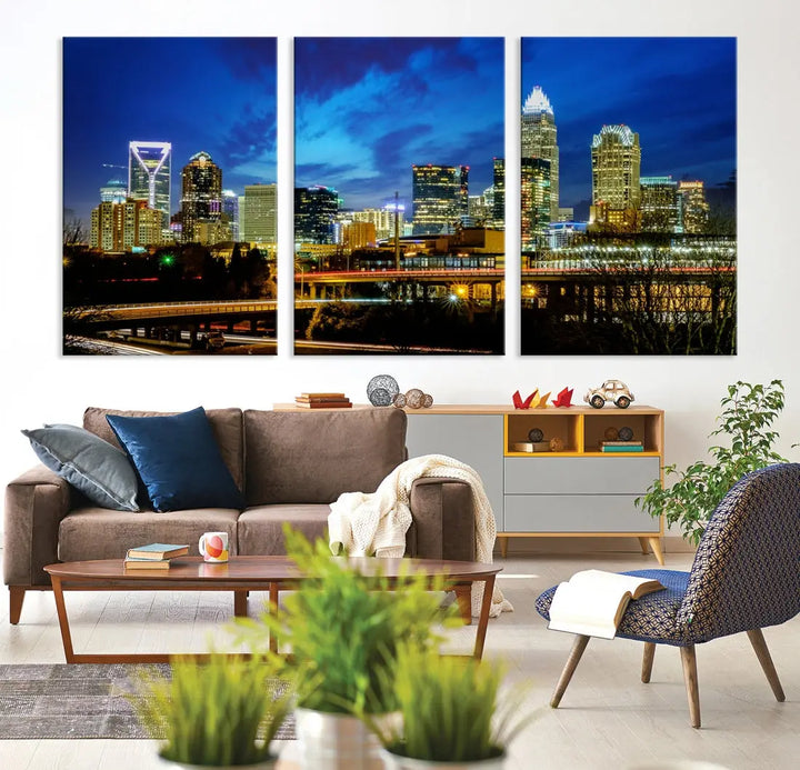 Charlotte City Lights Night Skyline Cityscape Wall Art Canvas Print