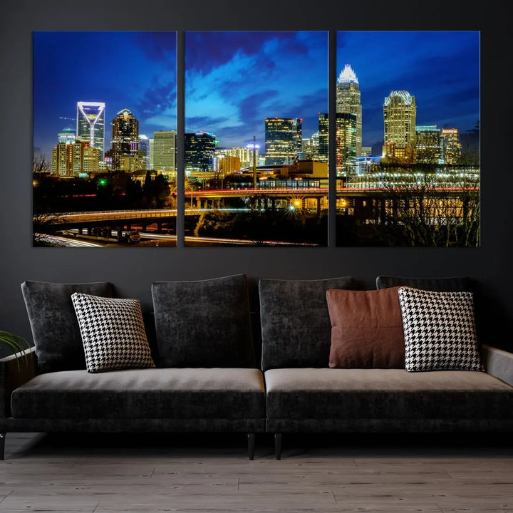 Charlotte City Lights Night Skyline Cityscape Wall Art Canvas Print