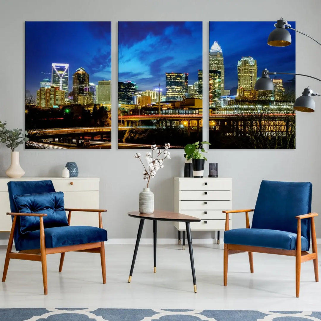 Charlotte City Lights Night Skyline Cityscape Wall Art Canvas Print