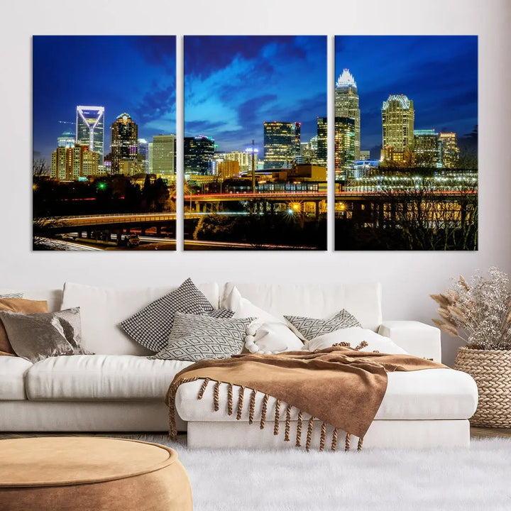 Charlotte City Lights Night Skyline Cityscape Wall Art Canvas Print