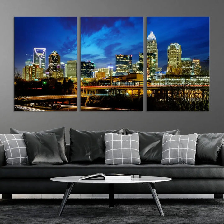 Charlotte City Lights Night Skyline Cityscape Wall Art Canvas Print