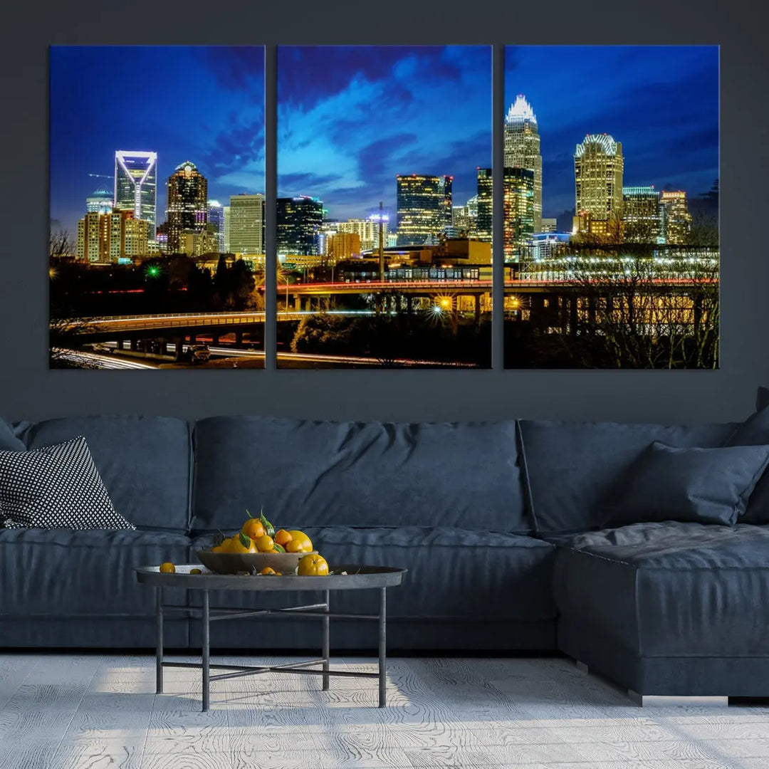 Charlotte City Lights Night Skyline Cityscape Wall Art Canvas Print