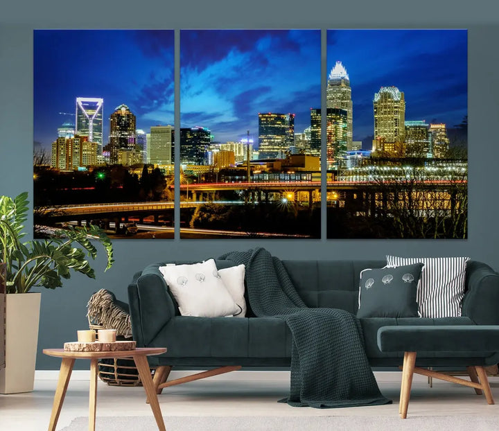 Charlotte City Lights Night Skyline Cityscape Wall Art Canvas Print