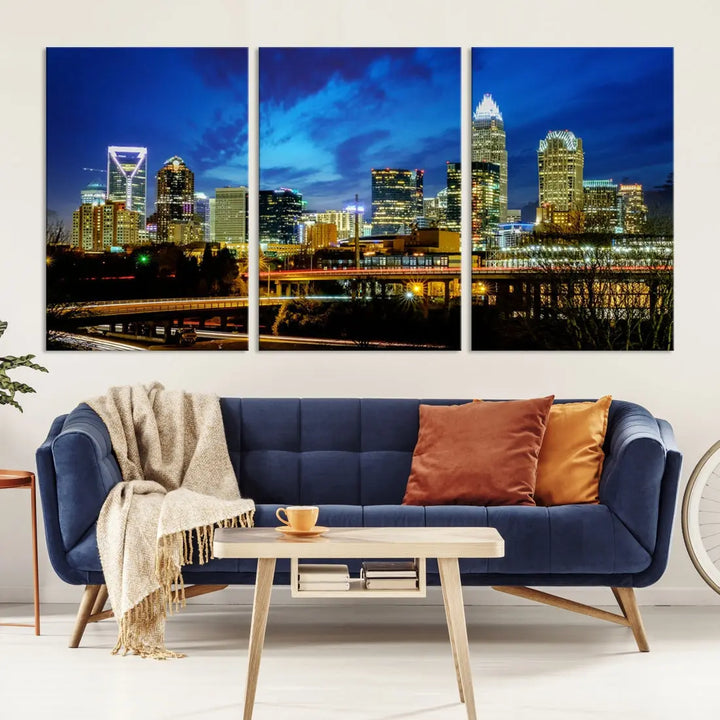 Charlotte City Lights Night Skyline Cityscape Wall Art Canvas Print