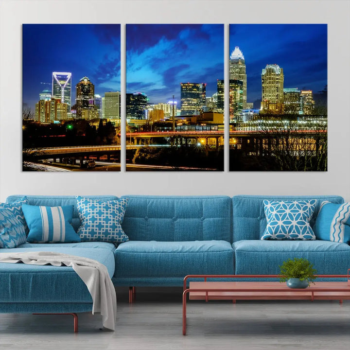 Charlotte City Lights Night Skyline Cityscape Wall Art Canvas Print